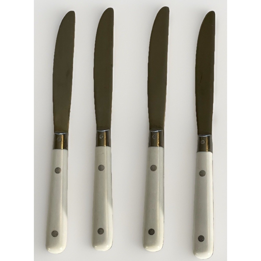 4 Carnival White Handle Dinner Knives Stainless Flatware Korea 3‎ Rivets